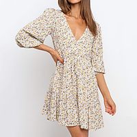 Women's A Line Dress Short Mini Dress Light Blue Long Sleeve Floral Patchwork Print Fall Spring V Neck Work Casual Boho Puff Sleeve 2021 S M L XL Lightinthebox - thumbnail