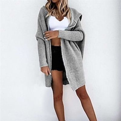 Women's Cardigan Sweater Jumper Ribbed Knit Tunic Patchwork Knitted Pure Color Hooded Stylish Casual Outdoor Daily Winter Fall Gray Black One-Size / Long Sleeve / Holiday / Going out / Loose Fit miniinthebox