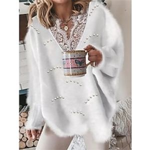 Women's Blouse White Plain Lace Patchwork Long Sleeve Party Holiday Elegant V Neck Regular S Lightinthebox
