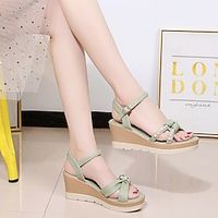 Women's Heels Sandals Height Increasing Shoes Ankle Strap Heels Daily Beach Wedding Sandals Bridal Shoes Imitation Pearl Platform Wedge Heel Pointed Toe Fashion PU Ankle Strap White Light Green Lightinthebox