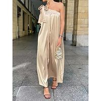 Women's Casual Dress Summer Dress Slip Dress Long Dress Maxi Dress Backless Bow Daily Date Going out Fashion Basic One Shoulder Sleeveless 2023 Loose Fit Champagne Color S M L XL XXL Size Lightinthebox - thumbnail