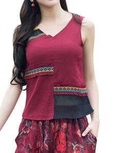 Vintage Patchwork Sleeveless V-Neck Women Tank Tops