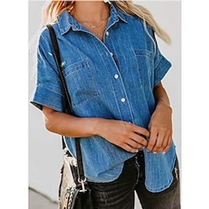 Women's Shirt Blue Dusty Blue Light Blue Plain Denim Short Sleeve Casual Daily Elegant Casual Shirt Collar Regular Cotton S miniinthebox