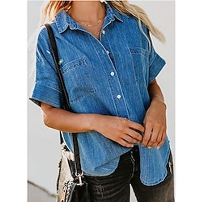 Women's Shirt Blue Dusty Blue Light Blue Plain Denim Short Sleeve Casual Daily Elegant Casual Shirt Collar Regular Cotton S miniinthebox