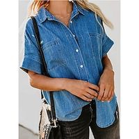 Women's Shirt Blue Dusty Blue Light Blue Plain Denim Short Sleeve Casual Daily Elegant Casual Shirt Collar Regular Cotton S miniinthebox - thumbnail