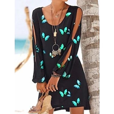 Women's A Line Dress Knee Length Dress Black Long Sleeve Butterfly Print Summer U Neck Casual Vacation 2022 S M L XL XXL 3XL Lightinthebox Women's A Line Dress Knee Length Dress Black Long Sleeve Butterfly Print Summer U Neck Casual Vacation 2022 S M L XL XXL 3XL Lightinthebox