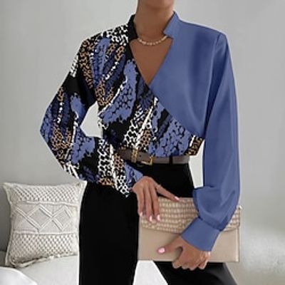 Women's Shirt Blouse Snake Print Pink Blue Green Print Button Long Sleeve Work Fashion V Neck Regular Fit Spring   Fall Lightinthebox
