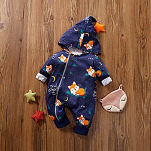 Baby Unisex Boys' Girls' Active Cute Home Daily Wear Animal Print Long Sleeve Romper Navy Blue Light Blue miniinthebox