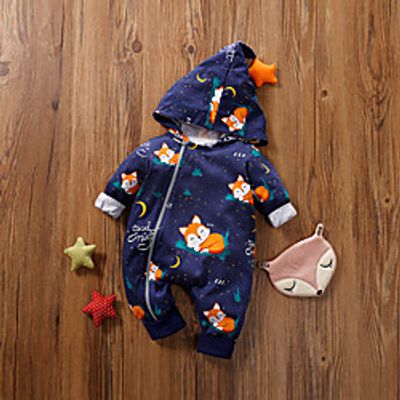 Baby Unisex Boys' Girls' Active Cute Home Daily Wear Animal Print Long Sleeve Romper Navy Blue Light Blue miniinthebox