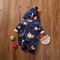 Baby Unisex Boys' Girls' Active Cute Home Daily Wear Animal Print Long Sleeve Romper Navy Blue Light Blue miniinthebox - thumbnail