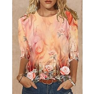 Women's T shirt Tee Floral Blue Purple Orange Print Long Sleeve Holiday Weekend Fashion Round Neck Regular Fit Spring   Fall Lightinthebox