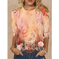 Women's T shirt Tee Floral Blue Purple Orange Print Long Sleeve Holiday Weekend Fashion Round Neck Regular Fit Spring   Fall Lightinthebox - thumbnail