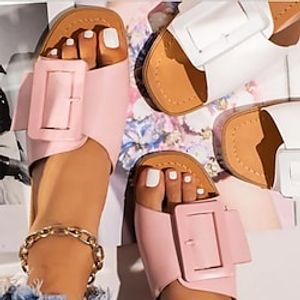 Women's Slippers Flat Sandals Walking Buckle Flat Heel Square Toe Elegant Faux Leather Buckle Solid Color Black White Pink Lightinthebox