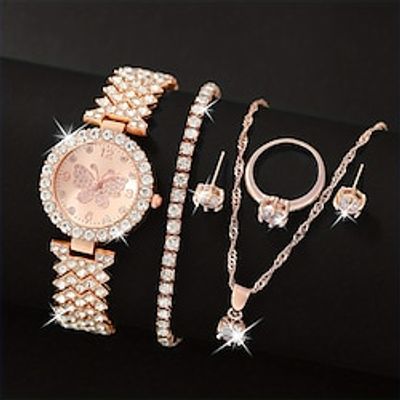 5PCS Set Women Watch Ring Necklace Earrings Rhinestone Fashion Wristwatch Female Casual Ladies Watches Bracelet Set Clock miniinthebox