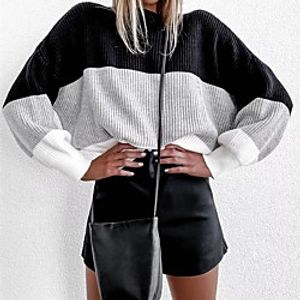Women's Pullover Sweater Modern Style Plaid / Check Casual Long Sleeve Sweater Cardigans Round Neck Fall Winter Grey khaki Orange miniinthebox