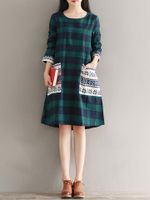 Casual Plaid Print Patchwork Long Sleeve O-neck Women Dresses