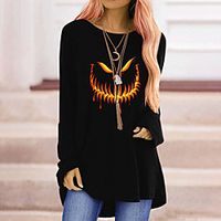 Women's Halloween Abstract Painting T shirt Graphic Pumpkin Long Sleeve Print Round Neck Basic Halloween Tops Cotton Blue Wine White / 3D Print miniinthebox - thumbnail
