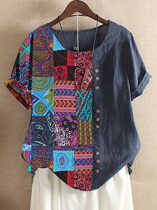 Round Neck Patchwork Bohemian Printed Short Sleeve T-Shirt