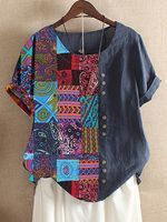 Round Neck Patchwork Bohemian Printed Short Sleeve T-Shirt - thumbnail