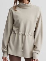 Women's Solid Drawstring Waist Mid-length Long-sleeved Simple Half Turtleneck Top