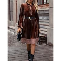 Women's Velvet Dress Party Dress Casual Dress Midi Dress Camel Long Sleeve Pure Color Lace Fall Winter Autumn Crew Neck Fashion Winter Dress Vacation Fall Dress 2023 S M L XL Lightinthebox - thumbnail