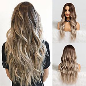 Ombre Brown Ash Gray Middle Part Long Wavy Wigs High Temperature Natural Hair Wave Synthetic Wig Cosplay Fake Hair miniinthebox