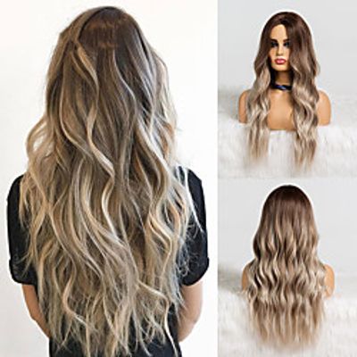 Ombre Brown Ash Gray Middle Part Long Wavy Wigs High Temperature Natural Hair Wave Synthetic Wig Cosplay Fake Hair miniinthebox