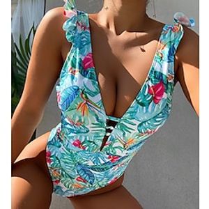 Women's Swimwear One Piece Monokini Bathing Suits Normal Swimsuit Backless Tummy Control Ruffle Print Leaf Green V Wire Bathing Suits New Casual Vacation / Modern / Padded Bras miniinthebox