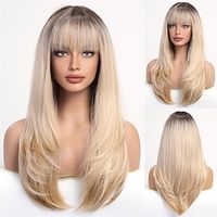 Ombre Blonde Wigs with Bangs Long Layered Straight Wigs for Women Women Synthetic Fiber Wig (Ombre Blonde) miniinthebox