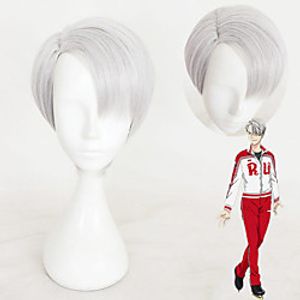 Cosplay Costume Wig Cosplay Wig Victor Nikiforov Yuri on Ice Straight Cosplay Asymmetrical Wig Short Silver grey Synthetic Hair 12 inch Men's Anime Cosplay Cool Silver miniinthebox