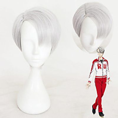 Cosplay Costume Wig Cosplay Wig Victor Nikiforov Yuri on Ice Straight Cosplay Asymmetrical Wig Short Silver grey Synthetic Hair 12 inch Men's Anime Cosplay Cool Silver miniinthebox