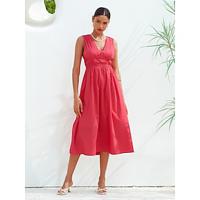 Women's Paper Touch Rose Red dress Cotton Tie Back V Neck Midi Dress