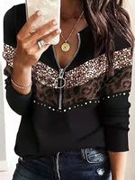 Casual Patchwork Print Zip Long Sleeve T-Shirt