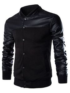 Men Band Collar Patchwork Single Breasted Pocket Jacket