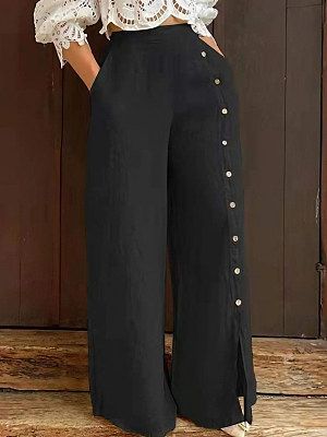 Women's Multi-button Slit High-waisted Loose Casual Wide-leg Pants