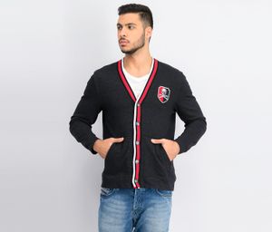 Mens Striped Embroidered Cardigan Sweater  Deep Black