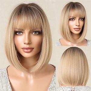 Bob Ombre Blonde Wig with Bangs Natural Short Straight Wigs for Women Shoulder Length Synthetic Wigs for Daily Cosplay miniinthebox