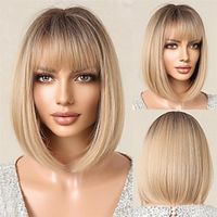 Bob Ombre Blonde Wig with Bangs Natural Short Straight Wigs for Women Shoulder Length Synthetic Wigs for Daily Cosplay miniinthebox