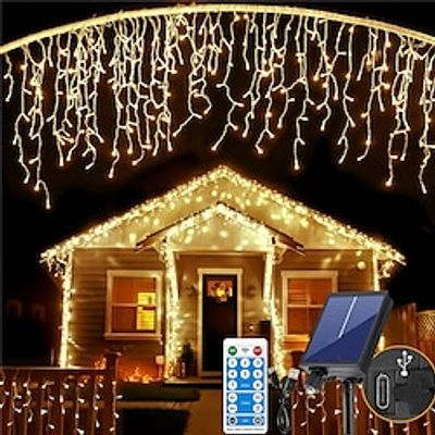 Solar Power Outdoor LED Christmas Icicle Lights 5M 216LED Fairy String Light  Curtain Lights for Window Christmas Party Garden Yard Holiday Decor Holiday Lighting with Remote Controller Lightinthebox