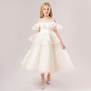 Kids Girls' Party Dress Solid Color Party Dress Wedding Birthday Crewneck Champagne Maxi Short Sleeve Princess Sweet Dresses Winter Fall Form Fit 3-13 Years Lightinthebox