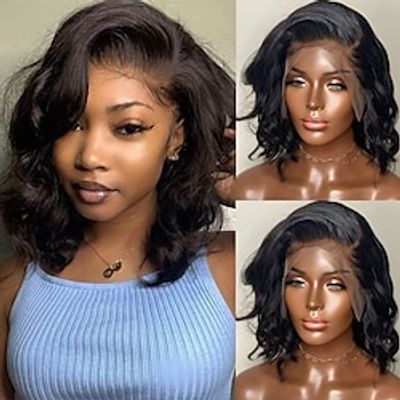 12 Inch Glueless Short Wavy Human Hair Wigs Pre Plucked 13x4 Body Wave HD Lace Front Wigs Human Hair for Black Women Side Part Brazilian Loose Wave Bob Wig Natural Color 200% Density Lightinthebox