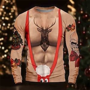 Graphic Santa Claus Merry Christmas Deer Skulls Daily Outdoor Casual Men's 3D Print Party Casual Holiday Christmas T shirt Brown Long Sleeve Crew Neck Shirt Spring   Fall Clothing Apparel Normal S M Lightinthebox