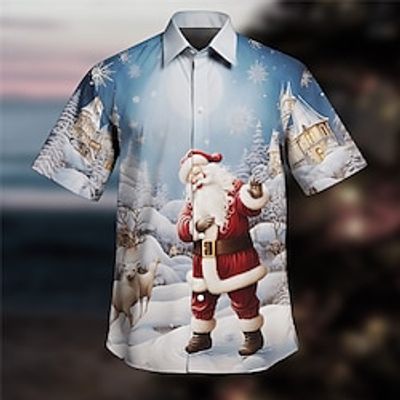 Santa Claus Casual Men's Shirt Daily Wear Going out Weekend Autumn  Fall Turndown Short Sleeves Navy Blue, Royal Blue, Blue S, M, L 4-Way Stretch Fabric Shirt Christmas Lightinthebox