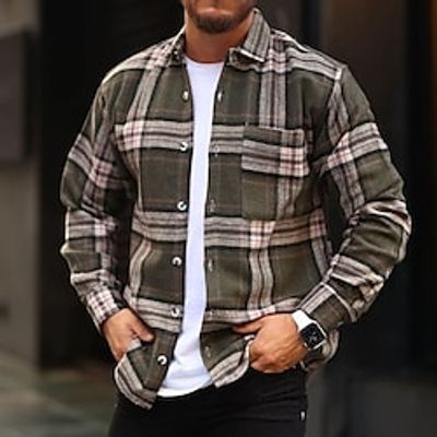 Men's Flannel Shirt Shirt Jacket Shacket Overshirt Graphic Plaid Turndown Green Army Green White Street Daily Long Sleeve Button-Down Clothing Apparel Fashion Casual Comfortable Lightinthebox