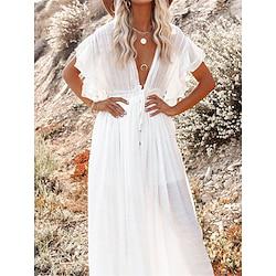 Women's Boho Chic Dresses Boho Wedding Guest Dress White Boho Dress Maxi Dress Ruffle Button Vacation Beach Bohemia V Neck Short Sleeve Black White Pink Color Lightinthebox