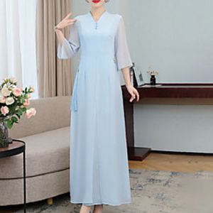 Women's Swing Dress Maxi long Dress White Light Blue 34 Length Sleeve Solid Color Layered Mesh Spring Summer V Neck Traditional Chinoiserie Hanfu 2022 M L XL XXL 3XL Lightinthebox