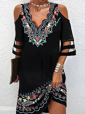 Fashion Casual Patchwork Wave V Neck Off Shoulder Ethnic Print Short Sleeve Short Dress Fashion Casual Patchwork Wave V Neck Off Shoulder Ethnic Print Short Sleeve Short Dress