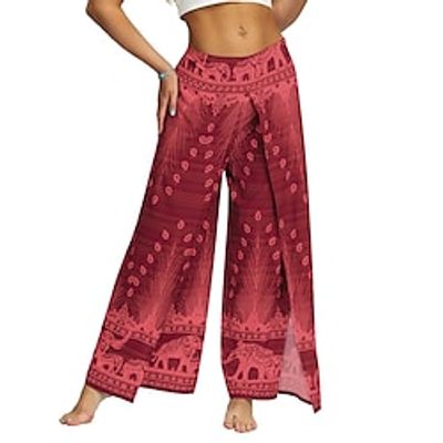 Women's Flare Chinos Pants Trousers Green Red High Waist Boho Flapper Hip-Hop Casual Weekend Split Baggy Micro-elastic Full Length Comfort Feather S L  High Cut  Loose Fit  Print Lightinthebox