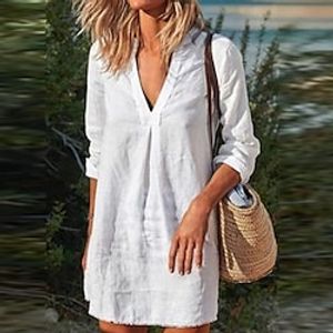 Women's Cotton Linen Dress Casual Dress Shift Dress Mini Dress Cotton Blend Casual Mature Winter Dress Daily Holiday Deep V Ruched Long Sleeve Summer Spring Fall 2023 Loose Fit Black White Wine Pure miniinthebox