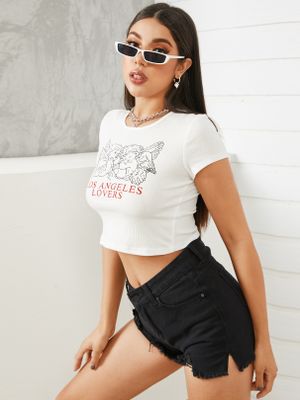 White Valentine's Print Crew Neck Short Sleeves Crop Top White Valentine's Print Crew Neck Short Sleeves Crop Top